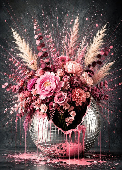 Tableau floral rose contemporain avec bouquet XXL dans une boule à facettes
