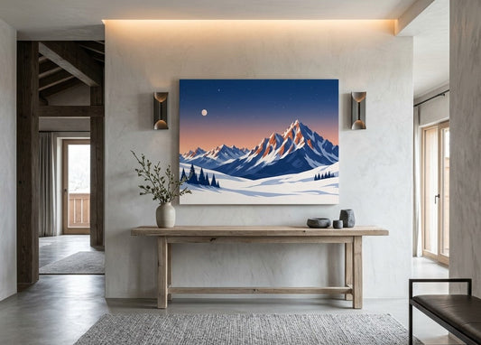 Tableau déco montagne au format horizontal présenté dans un salon contemporain aux matières naturelles
