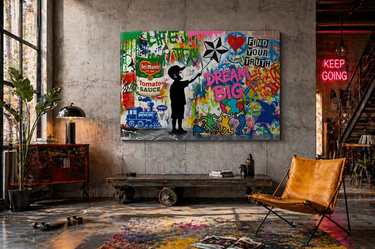 Tableau pop art références culturelles graffiti urbain moderne décoration murale design artistique
