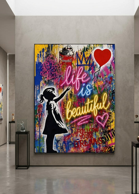 Tableau pop art néon typographie life is beautiful couleurs intenses décoration murale design
