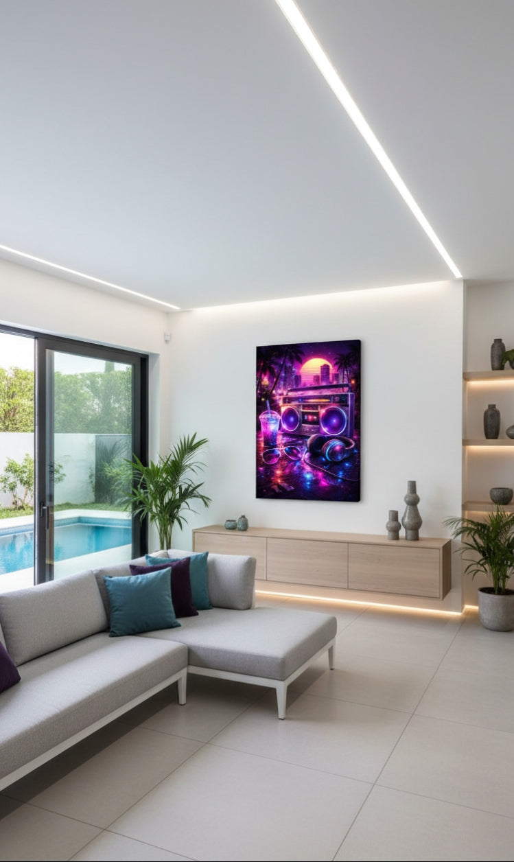 Tableau mural néon cyberpunk contemporain
