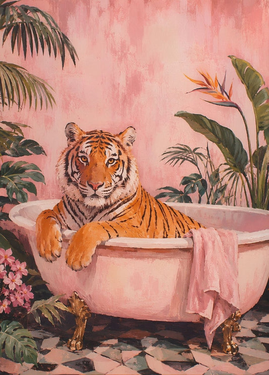 Tableau déco original représentant un tigre dans une baignoire rose entourée de plantes tropicales
