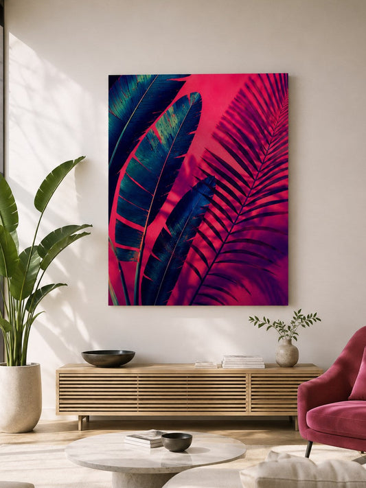 Tableau déco tropical rose et bleu présenté dans un salon contemporain aux tonalités neutres
