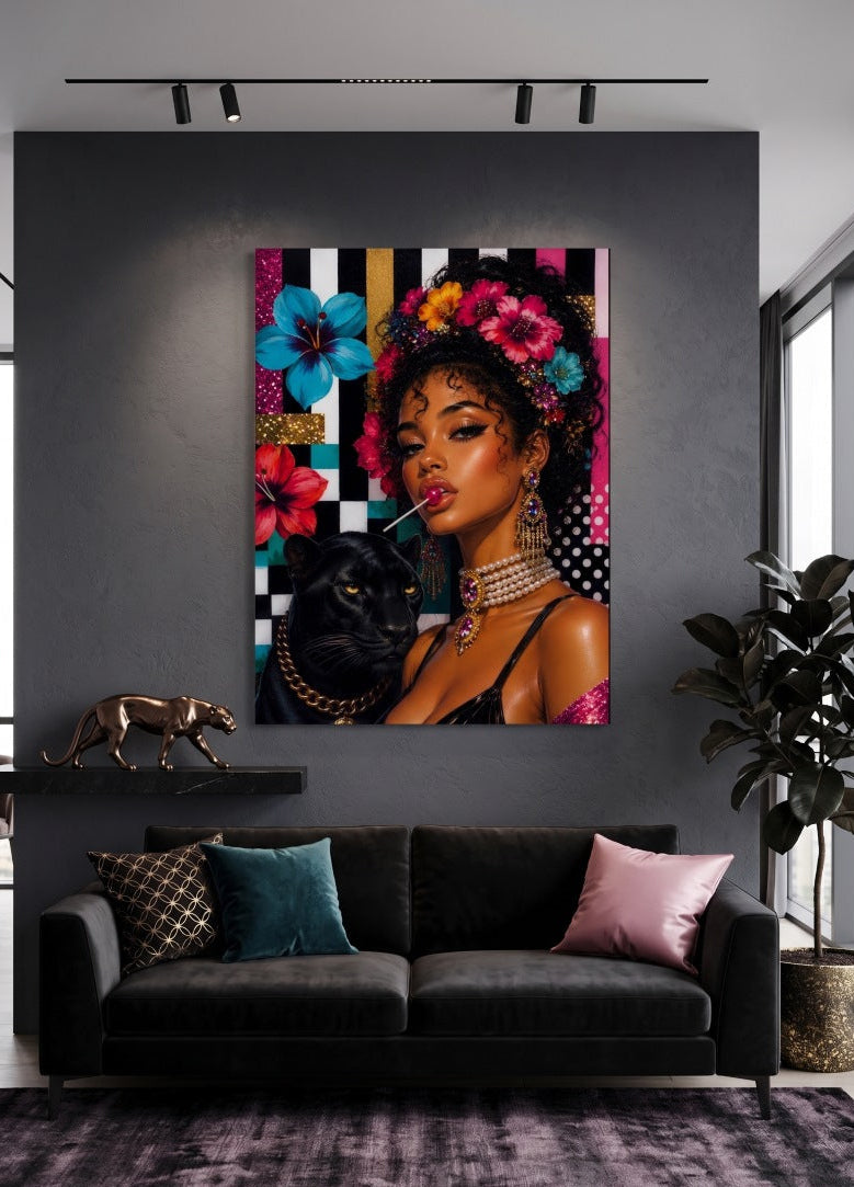 Tableau décoration femme luxe avec panthère noire et style figuratif contemporain
