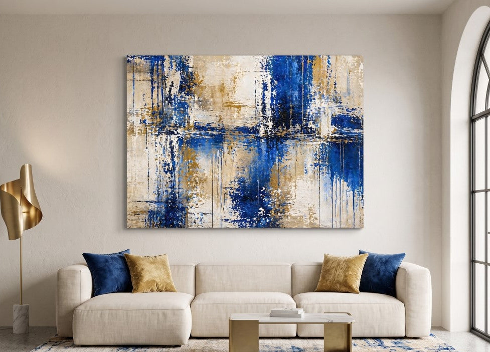 Décoration murale abstraite bleue et beige avec effets de matière contemporains
