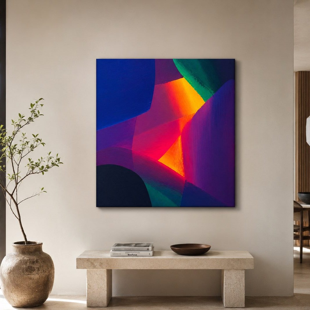 Décoration murale abstraite colorée avec jeux de lumière et style contemporain moderne
