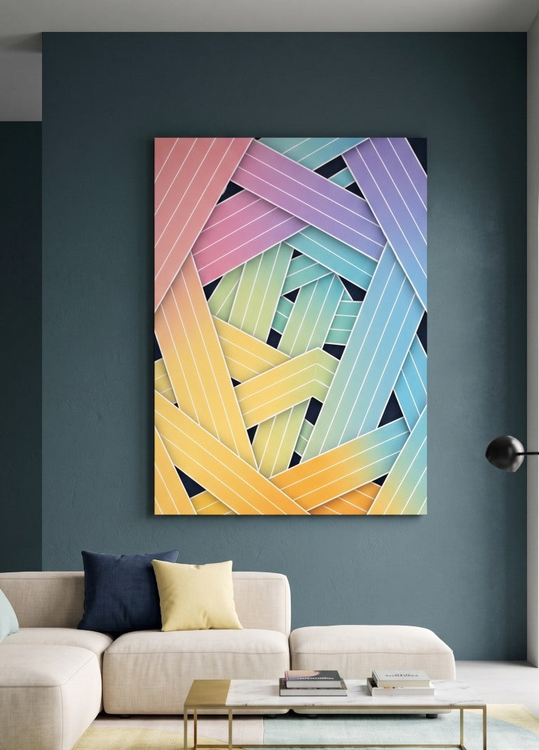 Décoration murale abstraite design avec couleurs pastel et géométrie contemporaine
