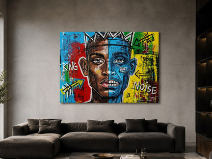 Décoration murale Basquiat néo expressionniste avec portrait graphique et ambiance street art colorée
