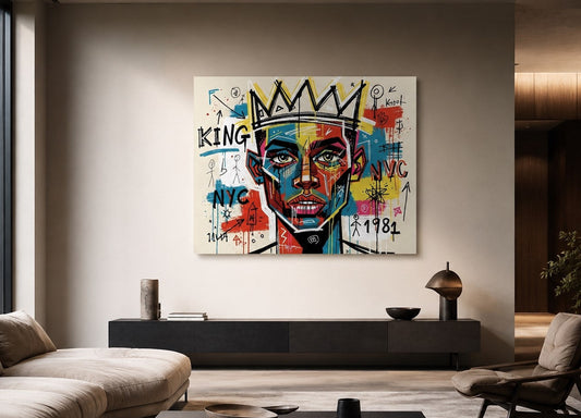 Décoration murale Basquiat street art moderne avec portrait graphique et influence graffiti urbaine
