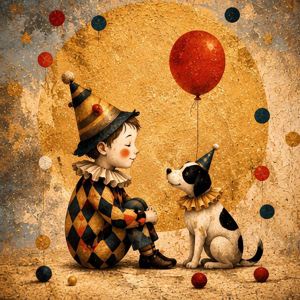 Véritable décoration murale cirque enfant représentant un jeune artiste en costume d'Arlequin face à son chien sous des ballons colorés dans une ambiance vintage et poétique pour une chambre d'enfant.
