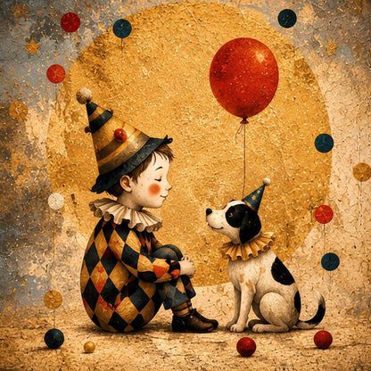Véritable décoration murale cirque enfant représentant un jeune artiste en costume d'Arlequin face à son chien sous des ballons colorés dans une ambiance vintage et poétique pour une chambre d'enfant.
