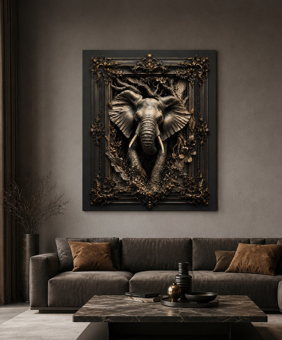 Tableau décoration murale éléphant noir et or pour intérieur chic et contemporain
