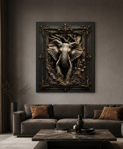 Tableau décoration murale éléphant noir et or pour intérieur chic et contemporain
