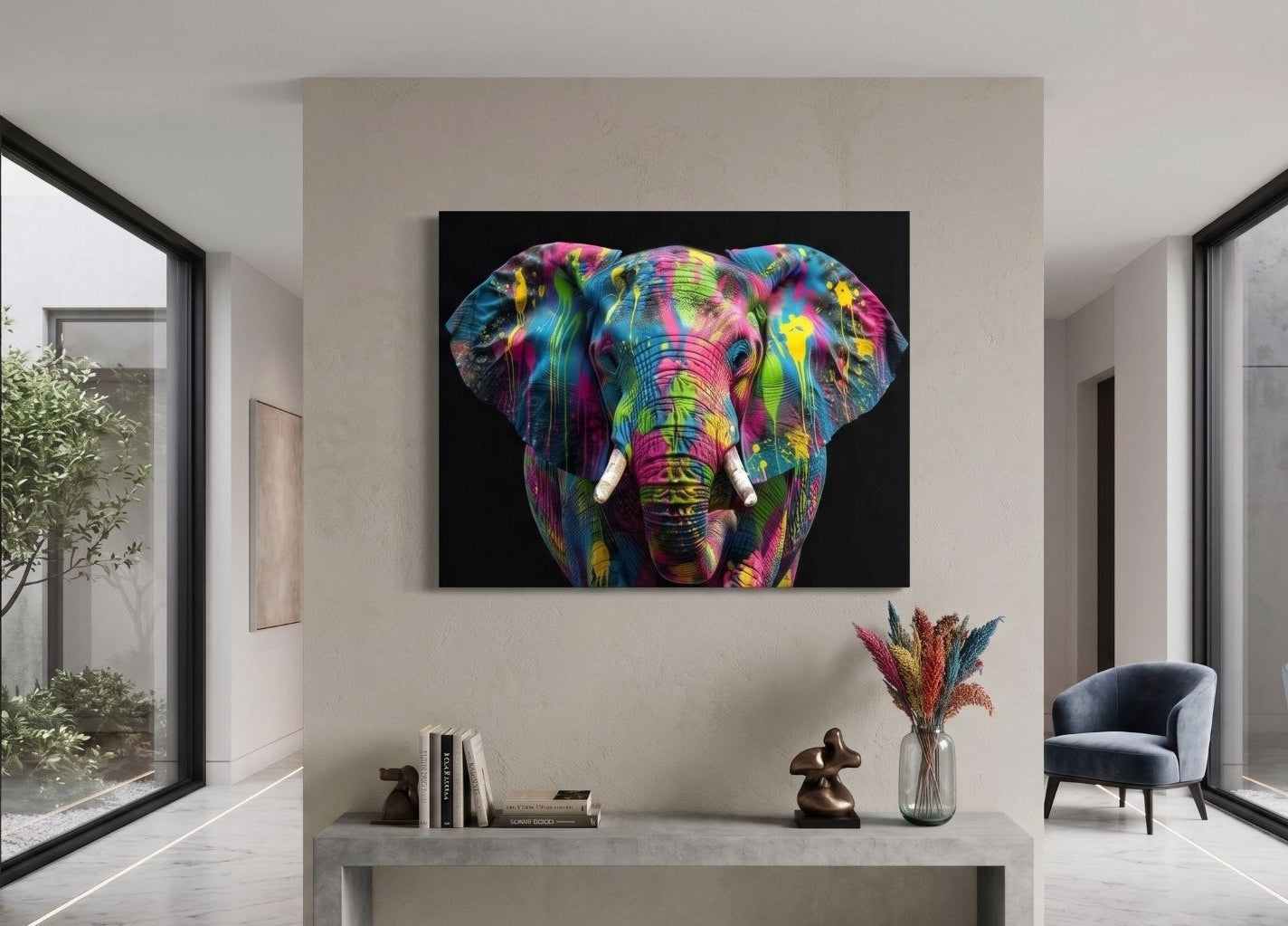 Décoration murale éléphant pop art moderne avec couleurs vives et ambiance artistique urbaine
