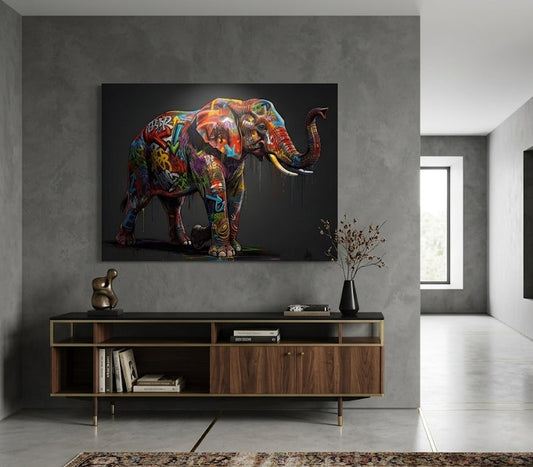 Décoration murale éléphant street art contemporaine avec style graffiti et couleurs vibrantes
