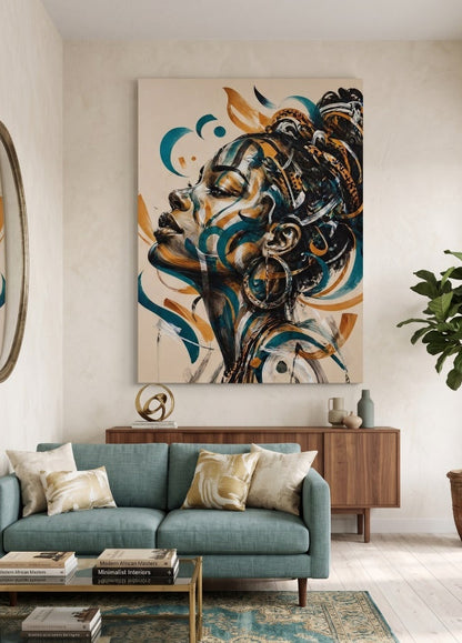 Décoration murale femme afro contemporaine dans un style graphique et artistique
