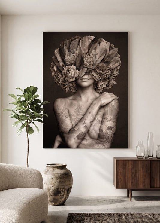 Décoration murale florale élégante avec portrait féminin monochrome et ambiance chic
