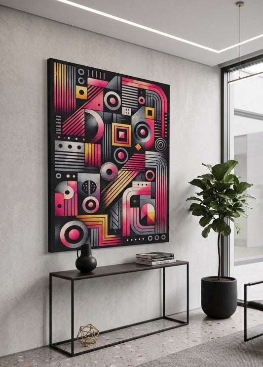 Décoration murale abstraite géométrique moderne avec formes graphiques roses et noires élégantes
