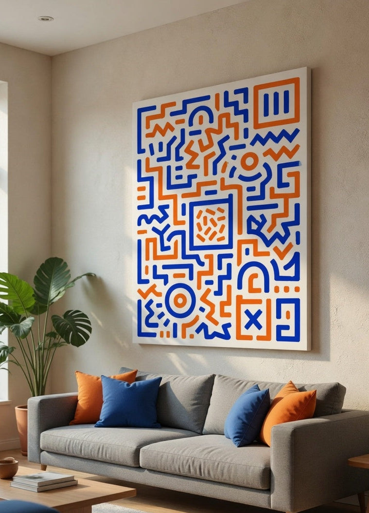 Décoration murale graphique minimaliste avec motifs abstraits modernes bleu et orange
