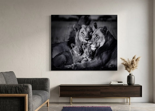 Décoration murale lion famille noir et blanc avec portrait animal raffiné et intemporel
