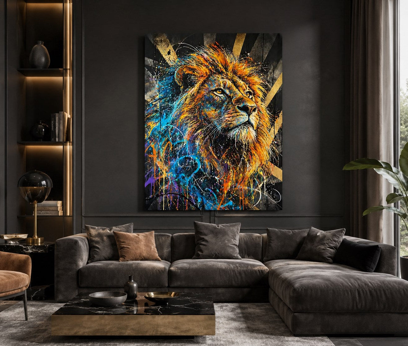 Décoration murale lion street art moderne avec effets graffiti et peinture contemporaine
