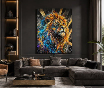 Décoration murale lion street art moderne avec effets graffiti et peinture contemporaine
