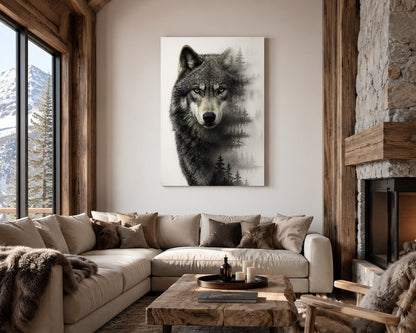 Tableau décoration murale montagne et nature avec portrait de loup réaliste
