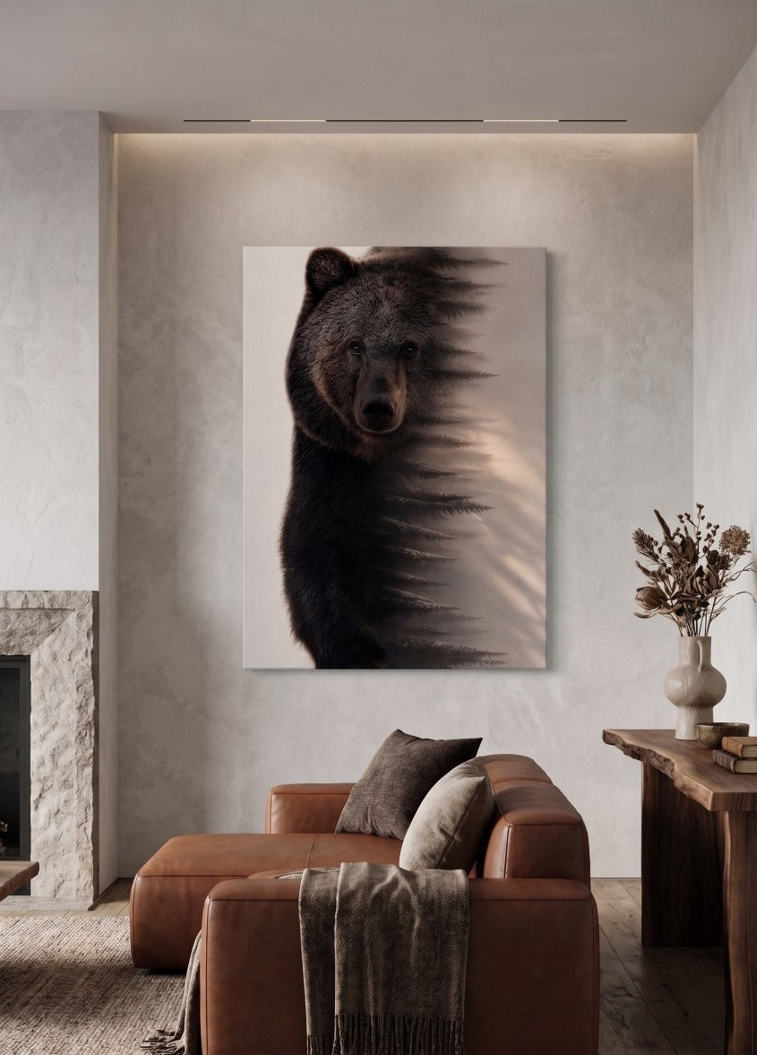 Décoration murale montagne avec ours brun et paysage forestier contemporain
