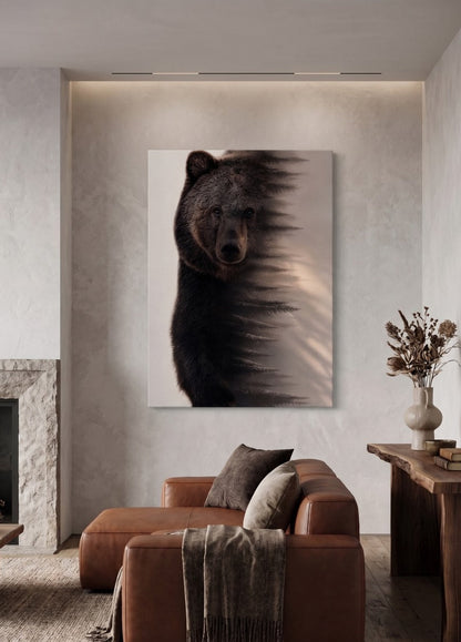 Décoration murale montagne avec ours brun et paysage forestier contemporain
