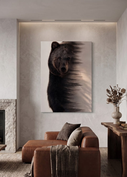 Décoration murale montagne avec ours brun et paysage forestier contemporain
