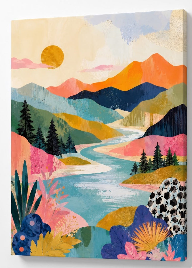 Tableau paysage moderne inspiré de la figuration contemporaine et de l illustration artistique colorée
