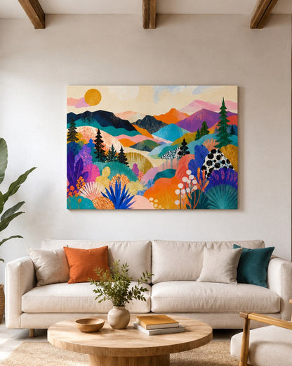 Décoration murale paysage abstrait coloré avec univers artistique contemporain lumineux et poétique
