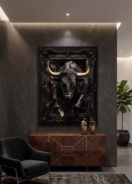 Tableau décoration murale taureau noir et or pour intérieur moderne et élégant
