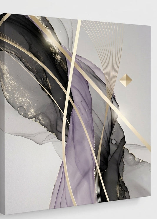 Tableau design contemporain beige noir violet avec formes fluides et ambiance minimaliste
