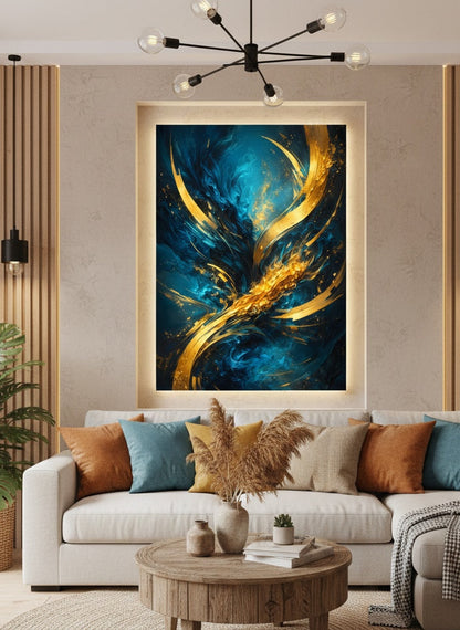 Art mural abstrait contrasté bleu intense et lumière dorée pour espace sophistiqué
