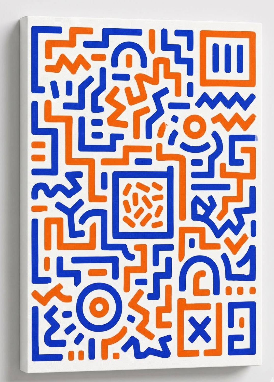 Tableau design géométrique bleu orange avec lignes abstraites et ambiance contemporaine
