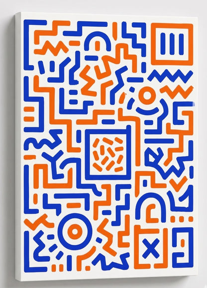 Tableau design géométrique bleu orange avec lignes abstraites et ambiance contemporaine
