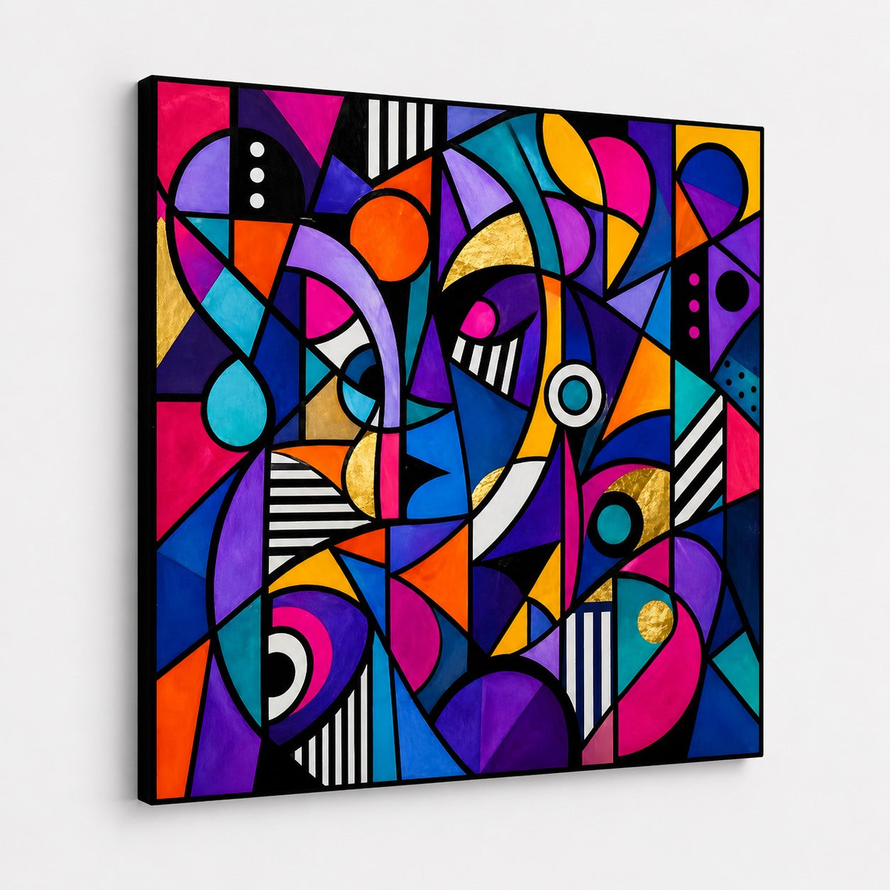 Décoration murale graphique moderne avec formes géométriques et couleurs vibrantes
