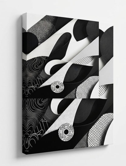 Tableau contemporain noir et blanc avec formes fluides et textures graphiques apportant élégance et modernité à votre intérieur
