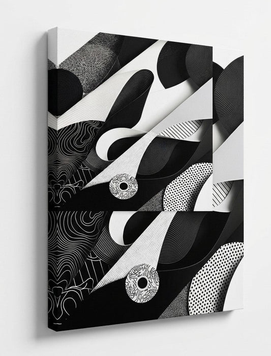 Tableau contemporain noir et blanc avec formes fluides et textures graphiques apportant élégance et modernité à votre intérieur
