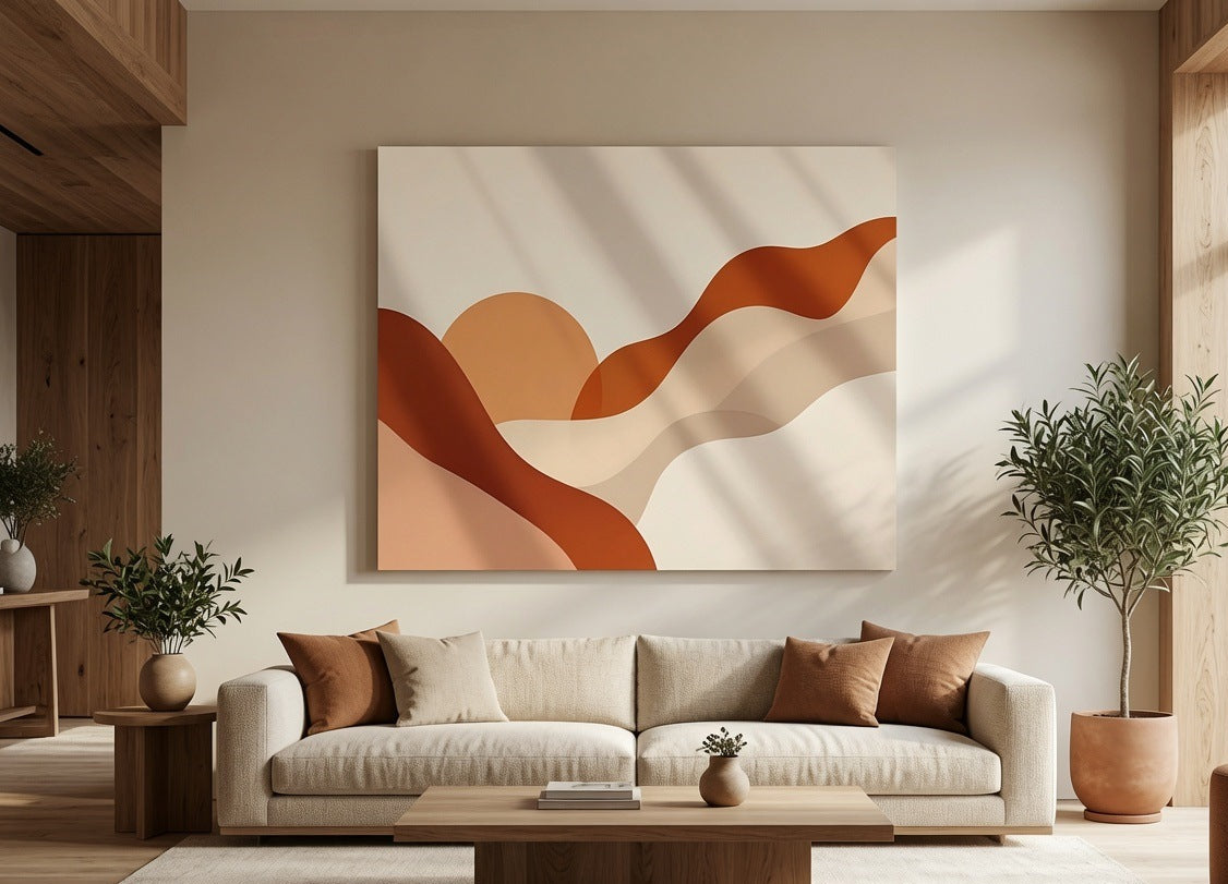 Tableau moderne abstrait aux formes fluides et couleurs naturelles pour salon ou chambre
