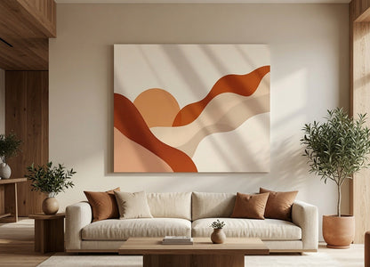 Tableau moderne abstrait aux formes fluides et couleurs naturelles pour salon ou chambre
