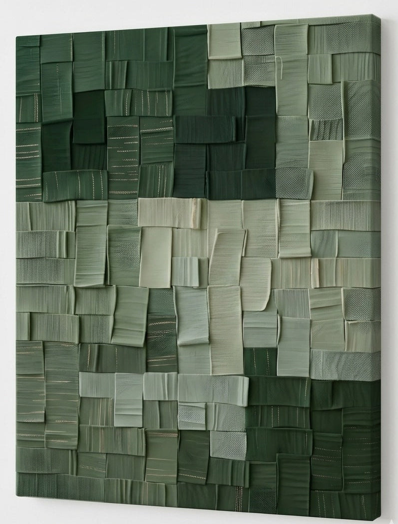 Tableau contemporain vert avec textures en relief et nuances naturelles pour une décoration murale apaisante et moderne
