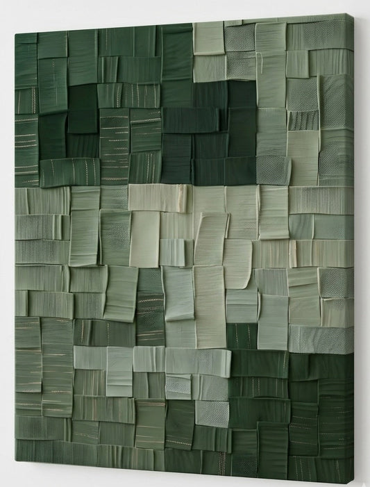 Tableau contemporain vert avec textures en relief et nuances naturelles pour une décoration murale apaisante et moderne

