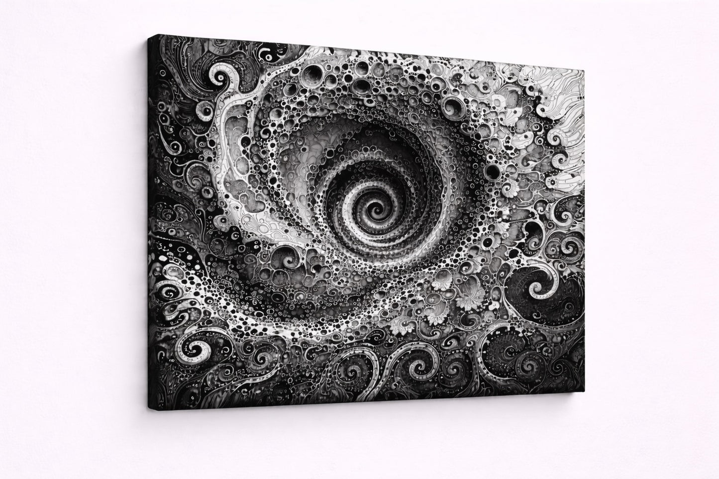 Tableau contemporain avec formes fractales et spirale profonde en noir et blanc apportant élégance et intensité visuelle à votre intérieur
