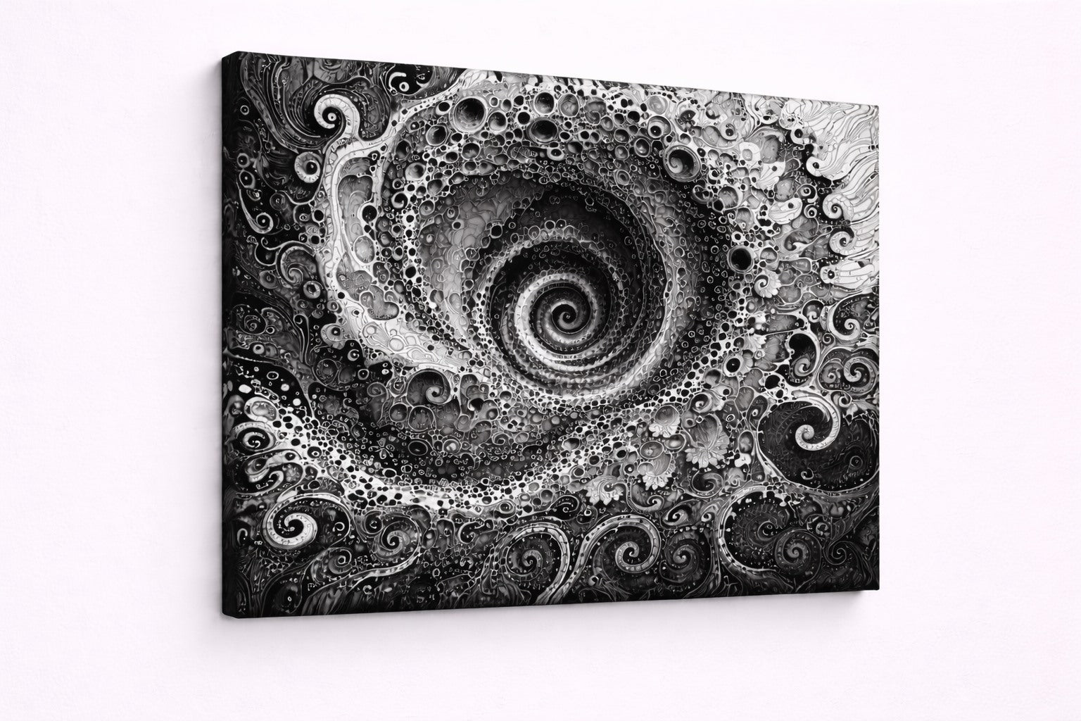 Tableau contemporain avec formes fractales et spirale profonde en noir et blanc apportant élégance et intensité visuelle à votre intérieur
