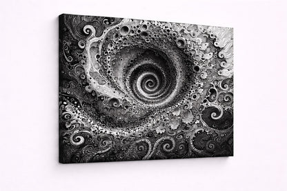 Tableau contemporain avec formes fractales et spirale profonde en noir et blanc apportant élégance et intensité visuelle à votre intérieur
