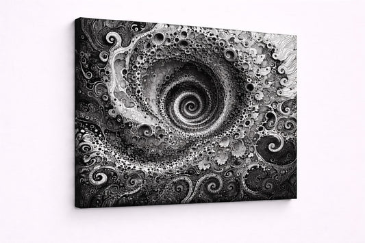 Tableau contemporain avec formes fractales et spirale profonde en noir et blanc apportant élégance et intensité visuelle à votre intérieur
