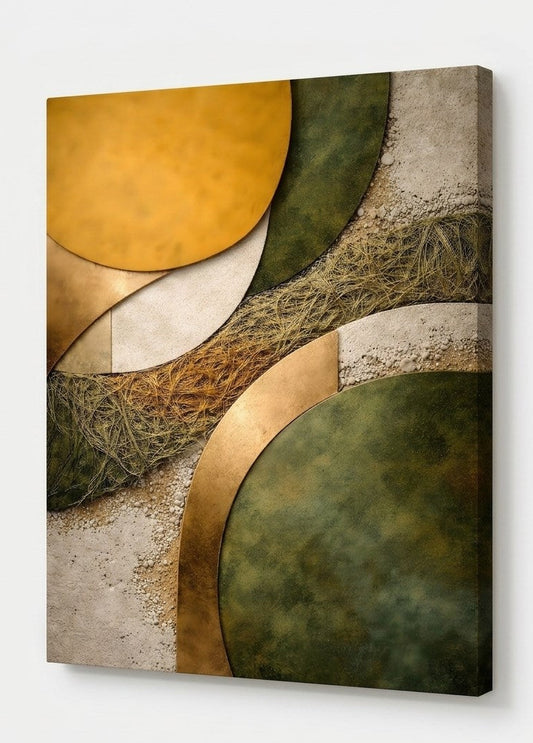 Tableau contemporain avec effets de matière et tons vert et doré idéal pour une décoration murale design et raffinée
