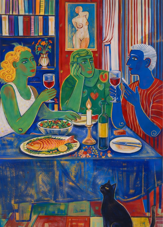 Tableau moderne scène dîner coloré au style figuratif contemporain inspiré par Xavier de Vilmorin
